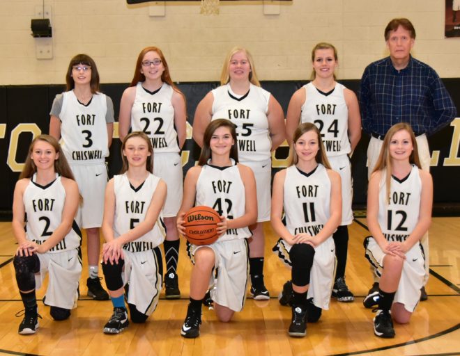 JV Girls Basketball Team Pictured are: first row: left to right: Katy Musick #2, Haley Smith #5, Jordan King #42, Julie Dowdy #11, Hunter Wimmer #12 second row: left to right: Makenzie Blair #3, Kelsey Patton #22, Hannah Whisman #25, Jordan Turpin #24 and Coach Rupert Hill.