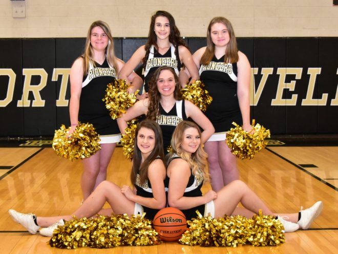Varsity Basketball Cheer Squad Front row: Left to right: Lexie Lovell, Carmen Webb Center is: Elizabeth Sweeney Back row: Left to right: Miranda Mitchell, Laken Turner, Hannah Bolash. NOT PICTURED: Erin Poole.